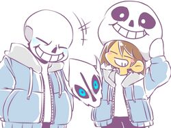  1boy 1other blush_stickers brown_hair closed_eyes colored_skin commentary_request cosplay frisk_(undertale) gasterblaster grin helmet majimelon mask partial_commentary sans_(undertale) sans_(undertale)_(cosplay) smile super_smash_bros. undertale yellow_skin 