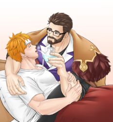  2boys absurdres age_difference arm_around_shoulder arm_grab bad_id bad_pixiv_id bara beard bed black-framed_eyewear blush coat coat_on_shoulders cold_pack couple eye_contact facial_hair feeding fever fresuke_sanc glasses gyee highres looking_at_another male_focus mature_male multiple_boys muscular muscular_male orange_hair pectorals purple_shirt shirt short_hair sick smile turing_(gyee) upper_body vundo_(gyee) white_shirt yaoi 