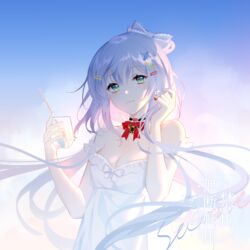  bare_shoulders blush bow chinese_commentary closed_mouth commentary cup dress drinking_glass drinking_straw female green_eyes grey_bow hair_between_eyes hair_ornament hairbow hairclip hands_up holding holding_cup long_hair looking_at_viewer luo_tianyi red_bow sample_watermark sleeveless sleeveless_dress smile solo strap_slip translated upper_body very_long_hair vocaloid vsinger watermark white_dress white_hair x_hair_ornament yu_jiu 