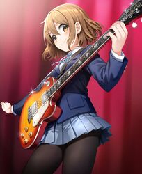  black_pantyhose blue_jacket blue_ribbon blue_skirt blush brown_eyes brown_hair closed_mouth commentary electric_guitar female from_below guitar hair_between_eyes hair_ornament hairclip highres hirasawa_yui holding instrument jacket k-on! long_sleeves looking_at_viewer looking_down music pantyhose playing_instrument popuru red_background red_curtains ribbon sakuragaoka_high_school_uniform school_uniform short_hair skirt smile solo stage_curtains standing symbol-only_commentary winter_uniform 