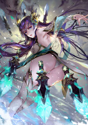  absurdres armpits ass backless_outfit blue_eyes breasts detached_sleeves divine_sword_irelia female from_behind headgear highres irelia knife league_of_legends long_hair looking_at_viewer looking_back outstretched_arm parted_lips purple_hair sash solo thighhighs vardan weapon 