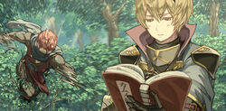  2boys ambush armor attack black_armor black_gloves black_pants blonde_hair blue_capelet blue_scarf book bush capelet closed_mouth clueless collared_capelet commentary_request covered_mouth dated_commentary day fire_emblem fire_emblem_fates floating_scarf forest furrowed_brow gloves gold_trim hair_between_eyes hair_slicked_back half-closed_eyes harusame_(rueken) high_collar holding holding_book japanese_clothes jitome leo_(fire_emblem_fates) light_rays long_sleeves male_focus mask motion_lines mouth_mask multiple_boys nature ninja ninja_mask open_book orange_eyes outdoors pants reading red_hair running saizo_(fire_emblem) scar scar_across_eye scar_on_face scarf short_hair shoulder_armor shoulder_pads sidelocks standing sunbeam sunlight translation_request tree tsurime upper_body 