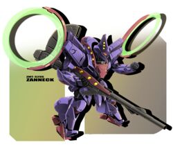  character_name chibi clenched_hand gun gundam highres holding holding_gun holding_weapon mecha mobile_suit no_humans red_eyes robot sibelurabbi solo victory_gundam weapon zanneck zanscare 