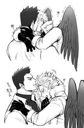  2boys absurdres blush boku_no_hero_academia chinese_text couple endeavor_(boku_no_hero_academia) facial_hair feathered_wings from_side greyscale hawks_(boku_no_hero_academia) helen_roro highres kissing male_focus mature_male monochrome motion_lines multiple_boys profile scar scar_across_eye scar_on_face short_hair sideburns spiked_hair stubble translated upper_body wings yaoi 