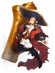  1boy aged_down alternate_design blue_eyes boots brown_hair cannon cape em_crazy epaulettes facial_hair fate/grand_order fate_(series) goatee holding holding_weapon huge_weapon large_hat lolicon long_sideburns long_sleeves looking_at_viewer male_focus military military_uniform napoleon_bonaparte_(fate) short_hair sideburns simple_background solo uniform weapon 