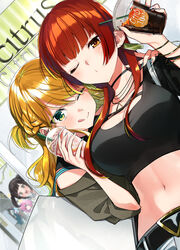  4girls absurdres aihara_yuzu anniversary bag belt black_shirt blonde_hair blurry blurry_background blush bracelet breasts choker citrus_(saburouta) cleavage closed_mouth commentary_request copyright_name cup disposable_cup drinking_straw earrings green_eyes hand_on_another&#039;s_shoulder highres holding holding_cup indoors jewelry large_breasts long_hair looking_at_viewer midriff mizusawa_matsuri multiple_girls navel necklace nomura_nene official_art one_eye_closed orange_eyes puckered_lips red_hair shirt shopping_bag taniguchi_harumi tank_top tongue tongue_out upper_body yuama_(drop) 