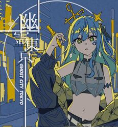  belt black_jacket blue_eyes blue_hair crop_top female hair_between_eyes hololive hoshimachi_suisei jacket kiel_adair knife ligne_claire looking_at_viewer medium_hair midriff nail navel scissors shirt sleeveless sleeveless_shirt solo star_(symbol) star_in_eye symbol_in_eye upper_body virtual_youtuber white_belt yuurei_tokyo_(vocaloid) 