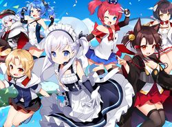  6+girls :d :t aged_down akagi-chan_(azur_lane) animal_ears anniversary apron arm_up azur_lane bare_shoulders bell black_gloves black_headwear black_skirt black_thighhighs blonde_hair blue_eyes blue_hair blue_shirt blue_skirt blue_sky blue_socks bow bowtie braid brown_thighhighs cape clevelad_(azur_lane) cloud collarbone commentary_request criss-cross_halter day detached_collar dress elbow_gloves extra_ears fingerless_gloves fox_ears fur_trim gloves gradient_hair grey_hair hair_ornament hair_ribbon hairbow hairclip halterneck hands_up haori hat hiei-chan_(azur_lane) holding holding_own_hair horns japanese_clothes jingle_bell kurot lena_(azur_lane) li&#039;l_sandy_(azur_lane) little_bel_(azur_lane) long_hair long_sleeves looking_at_viewer maid maid_apron maid_headdress miniskirt multicolored_hair multiple_girls navel nontraditional_miko off_shoulder one_side_up open_mouth orange_eyes outdoors pantyhose parted_lips peaked_cap pink_eyes pleated_dress pleated_skirt pout red_eyes red_hair red_skirt ribbon shirt shoes short_hair short_sleeves side_ponytail skirt sky sleeveless sleeveless_shirt smile socks star_(symbol) star_print tears thighband_pantyhose thighhighs twintails uniform v waist_apron white_cape white_gloves white_hair white_shirt white_skirt wide_sleeves zeppy_(azur_lane) zettai_ryouiki 