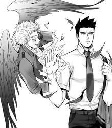  2boys absurdres aged_down blush boku_no_hero_academia endeavor_(boku_no_hero_academia) feathered_wings fire flying formal greyscale hawks_(boku_no_hero_academia) helen_roro highres looking_to_the_side male_focus monochrome multiple_boys necktie pectorals pushing_away scar scar_across_eye scar_on_face shirt short_hair sideburns spiked_hair toned toned_male wings yaoi 