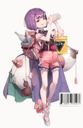  :q ankle_ribbon backpack bag barcode bob_cut bottle fate/grand_order fate_(series) female frilled_shorts frills gourd highres holding horns leg_ribbon overalls pink_footwear pink_shorts platform_footwear purple_eyes purple_hair rawtuna ribbon short_hair shorts shoulder_bag shuten_douji_(fate) skin-covered_horns sleeveless solo thick_eyebrows tongue tongue_out water_bottle white_background 