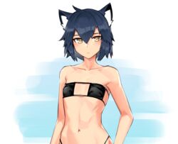  animal_ears bikini blue_hair catgirl cropped deel_(rkeg) flat_chest navel original ramn short_hair swimsuit yellow_eyes 