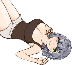  black_camisole breasts camisole cleavage collarbone female green_eyes grey_hair grey_shorts hand_on_own_shoulder highres hololive large_breasts lying medium_hair on_back sazare_(sazare_az) shirogane_noel shorts solo virtual_youtuber wavy_hair white_background 