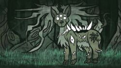  16:9 animated bleak_ambiance body_horror deer deidad_dissitum eating_grass feral fetlocks forest frame_by_frame grass green_body horn horror_(theme) jumpscare looking_at_viewer male mammal multi_eye plant scary short_playtime solo teeth tree what_has_science_done white_eyes widescreen 