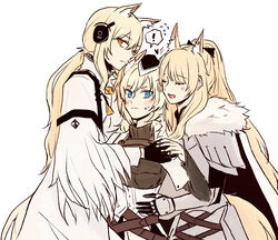  ! 3girls animal_ear_fluff animal_ears arknights armor aunt_and_niece black_bow black_headwear blemishine_(arknights) blue_eyes blush bow breastplate cape closed_eyes commentary_request from_side fur-trimmed_armor fur_trim garrison_cap gauntlets hairbow hand_on_another&#039;s_waist hat headset heart high_ponytail highres holding_hands horse_ears horse_girl hug implied_extra_ears kingdom_of_kazimierz_logo korean_commentary looking_at_viewer low_ponytail multiple_girls nearl_(arknights) nearl_the_radiant_knight_(arknights) ong_(fyza2772) open_mouth orange_eyes plate_armor ponytail siblings simple_background sisters smile speech_bubble sweatdrop whislash_(arknights) white_background white_cape 