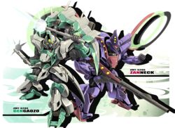  character_name chibi clenched_hand dual_wielding gengaozo gun gundam highres holding holding_gun holding_weapon mecha mobile_suit no_humans red_eyes robot science_fiction sibelurabbi third_eye victory_gundam weapon yellow_eyes zanneck zanscare 