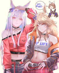  4girls =_= alternate_costume animal_ears arm_up bare_shoulders belt black_belt black_choker black_collar black_jacket black_skirt blonde_hair blue_eyes blunt_bangs blush_stickers bow breast_pocket breasts brown_hair buckle casual chibi chibi_inset choker clothes_writing collar collarbone commentary cowboy_shot crop_top cropped_jacket ear_bow ear_covers ear_ornament gold_city_(umamusume) gold_ship_(umamusume) grey_hair hair_ribbon hairband hand_on_own_head hands_on_own_hips hayadai horse_ears horse_girl horseshoe_ornament jacket jewelry long_hair looking_at_viewer making-of_available medium_breasts midriff multiple_girls navel off_shoulder open_clothes open_jacket parted_bangs parted_lips plaid plaid_skirt pocket purple_eyes red_belt red_jacket red_skirt ribbon ring shirt short_hair sidelocks simple_background skirt smile snap-fit_buckle speech_bubble standing sweatdrop swept_bangs tohokuben tosen_jordan_(umamusume) translated twintails umamusume white_background white_hairband wrist_wrap yukino_bijin_(umamusume) 