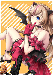  animal_ears arm_up bare_shoulders bell black_choker black_wings blue_eyes blush border breasts cat_ears choker closed_mouth collarbone dress fake_animal_ears female finger_to_cheek foot_out_of_frame girls&#039;_frontline gloves gun h&amp;k_mark_23 hair_ornament halloween halloween_costume handgun highres holding holding_gun holding_weapon legs light_brown_hair long_hair looking_at_viewer medium_breasts mk23_(girls&#039;_frontline) mk23_(impish_sweetheart)_(girls&#039;_frontline) multicolored_hair nakiusagi neck_bell official_alternate_costume on_floor one_eye_closed red_dress red_gloves sandals smile solo streaked_hair tiara weapon white_border wings yellow_background 