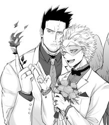  2boys absurdres alternate_costume blush boku_no_hero_academia bouquet couple endeavor_(boku_no_hero_academia) facial_hair flower formal greyscale hawks_(boku_no_hero_academia) helen_roro highres holding holding_bouquet husband_and_husband jewelry male_focus mature_male monochrome multiple_boys muscular muscular_male necktie ornate_ring pectorals ring scar scar_across_eye scar_on_face short_hair sideburns smile spiked_hair stubble suit upper_body wedding wedding_ring white_suit yaoi 