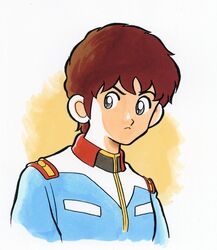  1boy adachi_mitsuru_(style) amuro_ray brown_hair frown grey_eyes gundam male_focus mobile_suit_gundam short_hair simple_background solo tanaka_keiichi uniform upper_body 