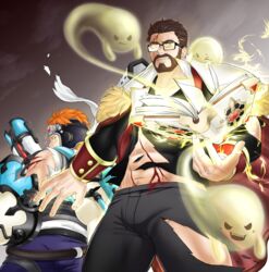  2boys abs absurdres age_difference bad_id bad_pixiv_id bara beard black-framed_eyewear black_pants blood blood_on_face book bulge facial_hair feet_out_of_frame fighting_stance floating floating_object fresuke_sanc ghost glasses gyee highres jacket jacket_on_shoulders magic male_focus male_underwear male_underwear_peek mature_male midriff multiple_boys muscular muscular_male navel navel_hair open_book orange_hair pants shirt short_hair sleeveless stomach thick_thighs thighs tight_clothes tight_pants torn_clothes torn_pants torn_shirt turing_(gyee) underwear vundo_(gyee) 