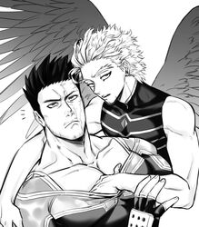  2boys absurdres bare_shoulders bodysuit boku_no_hero_academia clothes_pull collarbone couple endeavor_(boku_no_hero_academia) facial_hair feathered_wings flying grabbing greyscale hawks_(boku_no_hero_academia) helen_roro highres large_pectorals looking_at_viewer male_focus mature_male monochrome multiple_boys muscular muscular_male pectoral_cleavage pectoral_grab pectorals pulling_another&#039;s_clothes scar scar_across_eye scar_on_face shirt shirt_pull short_hair sideburns sleeveless sleeveless_shirt spiked_hair spread_wings stubble upper_body wings yaoi 