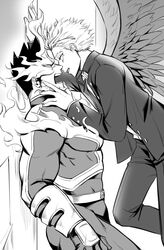  2boys absurdres ass bodysuit boku_no_hero_academia couple covered_abs endeavor_(boku_no_hero_academia) facial_hair feathered_wings fire flying from_side gakuran greyscale hand_on_another&#039;s_face hawks_(boku_no_hero_academia) helen_roro highres imminent_kiss kabedon large_pectorals male_focus mature_male monochrome multiple_boys muscular muscular_male muscular_uke pectorals profile scar scar_across_eye scar_on_face school_uniform short_hair sideburns spiked_hair stubble thick_thighs thighs wings yaoi 