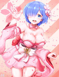  bare_shoulders blue_eyes blue_hair blush breasts cleavage collarbone cowboy_shot detached_collar detached_sleeves female flower hair_flower hair_ornament hair_over_one_eye hair_ribbon hand_up highres japanese_clothes kimono large_breasts leaf long_sleeves looking_at_viewer nail_polish one_eye_covered open_mouth petals pink_kimono pink_nails pink_ribbon re:zero_kara_hajimeru_isekai_seikatsu rem_(re:zero) ribbon samenoido sash short_hair smile solo strapless 