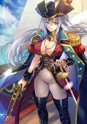  azur_lane boots breasts commission cosplay cowboy_shot drake_(azur_lane) epaulettes fate/grand_order fate_(series) female francis_drake_(fate) francis_drake_(third_ascension)_(fate) francis_drake_(third_ascension)_(fate)_(cosplay) grey_hair hat highres jacket jacket_on_shoulders large_breasts long_hair name_connection open_clothes open_shirt pants pirate pirate_hat ponytail sagta_panggang thigh_boots yellow_eyes 