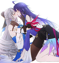  2girls ahoge arm_scarf bare_legs bare_shoulders black_headwear blue_hair blush breasts bronya_rand brown_gloves closed_eyes collarbone couple cowgirl_position drill_hair earrings elbow_gloves french_kiss gloves grey_hair hand_on_another&#039;s_face highres honkai:_star_rail honkai_(series) jewelry kissing large_breasts leggings long_hair multiple_girls open_hand pantyhose seele_(honkai:_star_rail) sieka_(piiroinardesco) simple_background white_background yuri 