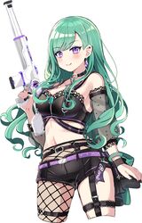  assault_rifle belt black_belt black_choker black_shorts blush bracelet breasts choker cleavage collarbone cropped_legs detached_sleeves dutch_angle earrings female green_hair gun hair_behind_ear highres holding holding_gun holding_weapon jewelry medium_breasts mole mole_on_breast nanamira_bi navel purple_belt purple_eyes rifle short_shorts shorts smile solo trigger_discipline v-shaped_eyebrows valorant virtual_youtuber vspo! weapon white_background yakumo_beni yakumo_beni_(1st_costume) 