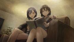  2girls asatsugutori blue_eyes blue_hair book brown_hair couch crossed_legs feet_out_of_frame fuzuki_(asatsugutori) game_cg grey_eyes highres hood hoodie indoors jacket karin_(asatsugutori) messy_hair multiple_girls off_shoulder official_art open_book open_clothes open_jacket open_mouth plant potted_plant reading shion_(mirudakemann) shirt short_shorts shorts sitting sleeveless sleeveless_shirt 