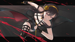  bare_shoulders black_dress black_gloves black_hair blood breasts cleavage dagger dress dual_wielding earrings female fingerless_gloves flower gloves gold_earrings gold_hairband hair_flower hair_ornament hairband highres holding holding_dagger holding_knife holding_weapon indy_k jewelry knife large_breasts letterboxed long_hair looking_at_viewer red_eyes reverse_grip sidelocks solo spy_x_family stiletto_(weapon) thighhighs two-sided_dress two-sided_fabric weapon yor_briar 