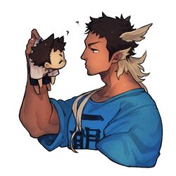  2boys ? animal_ears arm_up bird_ears blue_shirt blush brown_hair chibi closed_eyes closed_mouth clothes_writing cropped_torso dark-skinned_male dark_skin facial_hair goatee head_wings hermes_(housamo) holding male_focus mid_(mid_skb) multiple_boys muscular muscular_male protagonist_1_(housamo) shirt short_hair sideburns simple_background sweatdrop tokyo_afterschool_summoners upper_body white_background wings 