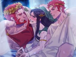  3boys aged_down alexandros_(fate) alternate_costume ancient_greek_clothes armlet bara beard blush boy_sandwich elbow_rest embarrassed facial_hair fate/zero fate_(series) greco-roman_clothes holding_hands iskandar_(fate) jeje_(pixiv12541114) large_pectorals laurel_crown long_hair long_sideburns looking_to_the_side lord_el-melloi_ii male_focus mature_male multiple_boys muscular muscular_male pectorals red_eyes red_hair sandwiched short_hair sideburns sidepec waver_velvet yaoi 