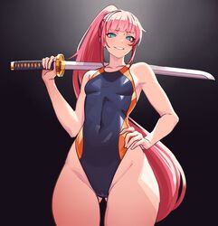  aqua_eyes ass_visible_through_thighs blunt_bangs breasts commentary competition_swimsuit covered_navel english_commentary female gradient_background hand_on_own_hip highleg highleg_swimsuit highres holding holding_sword holding_weapon katana kuso_otoko long_hair looking_at_viewer one-piece_swimsuit pink_hair ponytail small_breasts smile solo swimsuit sword uragoner weapon 