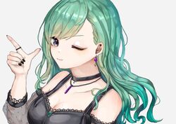  black_choker black_nails breasts choker cleavage collarbone female finger_gun green_hair grey_background hair_behind_ear highres jewelry long_hair looking_at_viewer medium_breasts mole mole_on_breast necklace one_eye_closed purple_eyes ring senri_(senri_yoo44) smile solo virtual_youtuber vspo! yakumo_beni yakumo_beni_(1st_costume) 