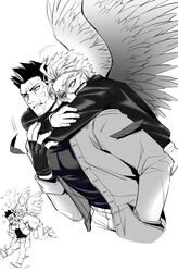  2boys absurdres alternate_costume arms_around_neck blush boku_no_hero_academia casual chibi chibi_inset couple cropped_legs endeavor_(boku_no_hero_academia) facial_hair feathered_wings greyscale hawks_(boku_no_hero_academia) helen_roro highres hug hug_from_behind jacket leaning_forward male_focus mature_male monochrome multiple_boys muscular muscular_male open_clothes open_jacket pectorals scar scar_across_eye scar_on_face shirt short_hair sideburns spiked_hair stubble tight_clothes tight_shirt wings yaoi 