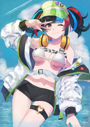  absurdres arisyooon badge bare_shoulders beach bikini black_hair black_shorts blue_hair blue_sky blush breasts button_badge cleavage day fate/grand_order fate_(series) female green_hat hat headphones headphones_around_neck highres jacket large_breasts long_hair long_sleeves looking_at_viewer multicolored_hair navel ocean off_shoulder open_clothes open_jacket outdoors red_hair sei_shounagon_(fate) sei_shounagon_(swimsuit_berserker)_(fate) short_shorts shorts sidelocks sky smile solo swimsuit thigh_strap thighs twintails visor_cap w wading white_bikini white_jacket yellow_eyes 