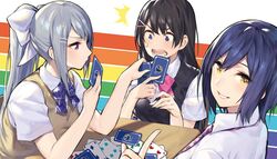  ! 3girls blue_eyes blue_hair blush bow card closed_mouth four_of_hearts four_of_spades grey_hair hair_ornament hairclip higuchi_kaede higuchi_kaede_(3rd_costume) holding holding_card long_hair multiple_girls nijisanji noy old_maid open_mouth parted_lips pink_bow playing_card playing_games poker_face_failure ponytail purple_eyes rainbow shizuka_rin shizuka_rin_(3rd_costume) short_hair surprised sweat sweatdrop table three_of_clubs tsukino_mito tsukino_mito_(3rd_costume) two_of_diamonds virtual_youtuber white_bow yellow_eyes 