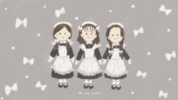  3girls amreo29 apron bad_id bad_pixiv_id black_footwear bow braid brown_hair grey_background hairbow kimetsu_no_yaiba maid maid_apron maid_headdress multiple_girls nakahara_sumi smile standing takada_naho terauchi_kiyo twintails 