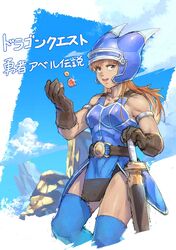  armlet armor belt blue_armor blue_thighhighs breasts brown_eyes brown_gloves cleavage cloud daisy_(dq) dragon_quest dragon_quest_yuusha_abel_densetsu fake_horns female gem gloves helmet highres horned_helmet horns long_hair looking_at_viewer open_mouth p!k@ru smile solo sword thighhighs weapon 