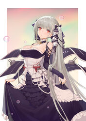  absurdres azur_lane between_breasts black_dress breasts bubble chinese_commentary choker cleavage closed_mouth commentary dress expressionless female formidable_(azur_lane) frilled_dress frills grey_hair hair_ribbon highres large_breasts long_hair long_sleeves looking_at_viewer mo_xiaoxue nail_polish rainbow red_eyes ribbon skirt_hold solo standing turret twintails two-tone_dress very_long_hair 