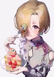  blonde_hair cake ear_piercing earrings eyeball female food fork hair_over_one_eye highres holding holding_plate idolmaster idolmaster_cinderella_girls jewelry looking_at_viewer open_mouth piercing plate purple_shirt rawtuna red_eyes see-through shirasaka_koume shirt short_hair solo white_background 