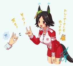  !? 1other animal_ears bandaid bandaid_on_face black_hair blue_background blush breasts cropped_legs female flying_sweatdrops fox fox_shadow_puppet hair_ornament hairclip hand_up horse_ears horse_girl horse_tail jacket long_sleeves medium_breasts notice_lines open_mouth out_of_frame red_eyes red_jacket red_shorts short_hair shorts signature smile spoken_interrobang tail tracen_training_uniform track_jacket trainer_(umamusume) translation_request umamusume unajiru winning_ticket_(umamusume) 