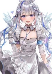  6665_roku :d amane_kanata amane_kanata_(nurse) angel angel_wings apron armband bandaged_arm bandages blue_hair collarbone colored_inner_hair female flat_chest gloves grey_hair hair_ornament highres hololive id_card long_hair looking_at_viewer multicolored_hair nurse official_alternate_costume official_alternate_hair_length official_alternate_hairstyle open_mouth purple_eyes single_hair_intake smile solo streaked_hair syringe twintails virtual_youtuber wings 