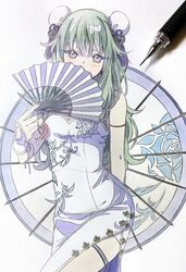  bad_id bad_twitter_id blue_flower blue_rose blush bun_cover china_dress chinese_clothes chinese_knot commentary cosplay covering_own_mouth double_bun dress english_commentary female floral_print flower folding_fan graphite_(medium) green_hair hair_bun hair_ornament hakunetsu!_kamikou_ouendan!_(project_sekai) hand_fan highres holding holding_fan kusanagi_nene long_hair looking_at_viewer marker_(medium) mechanical_pencil megurine_luka megurine_luka_(cosplay) oil-paper_umbrella pato_(ptro) pencil project_sekai purple_hair rose rose_print solo tassel tassel_hair_ornament thigh_strap traditional_media umbrella very_long_hair vocaloid white_dress wonderlands_x_showtime_luka 