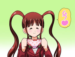  ^_^ adachi_mitsuru_(style) brown_hair closed_eyes facing_viewer female green_background heart holding holding_clothes holding_panties holding_underwear idolmaster idolmaster_million_live! long_sleeves matsuda_arisa mercy_rabbit panties photoshop_(medium) sidelocks smile solo speech_bubble spoken_heart twintails underwear upper_body 