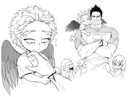  3boys absurdres apron blush boku_no_hero_academia cropped_legs crossed_arms endeavor_(boku_no_hero_academia) facial_hair feathers female floral_print frown greyscale hawks_(boku_no_hero_academia) helen_roro highres lolicon male_focus mature_male monochrome multiple_boys muscular muscular_male pectorals short_hair sideburns spiked_hair stubble time_paradox todoroki_fuyumi todoroki_natsuo 