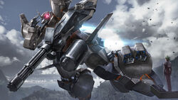  absurdres aina_saharin blonde_hair chain_gun cloud cloudy_sky day female flying glowing glowing_eye gouf_flight_type gundam gundam_08th_ms_team highres horns looking_down mecha mecha_focus one-eyed open_hand outdoors pilot_suit pink_eyes realistic robot science_fiction shield short_hair single_horn sky solo_focus zeon zhenlin 