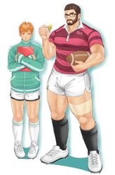  2boys alternate_costume bad_id bad_pixiv_id ball bara beard black-framed_eyewear blush bulge couple dolphin_shorts facial_hair fresuke_sanc full_body glasses gyee highres holding kneehighs large_pectorals male_focus mature_male multiple_boys muscular muscular_male orange_hair pectorals rugby rugby_ball rugby_uniform shirt short_hair shorts socks sportswear stomach thick_thighs thighs tight_clothes tight_shirt turing_(gyee) vundo_(gyee) whistle whistle_around_neck yaoi 